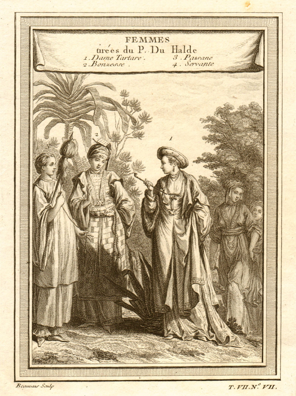 Chinese ladies. Tartar lady. Bonzess (Buddhist nun). Peasant. Servant 1749